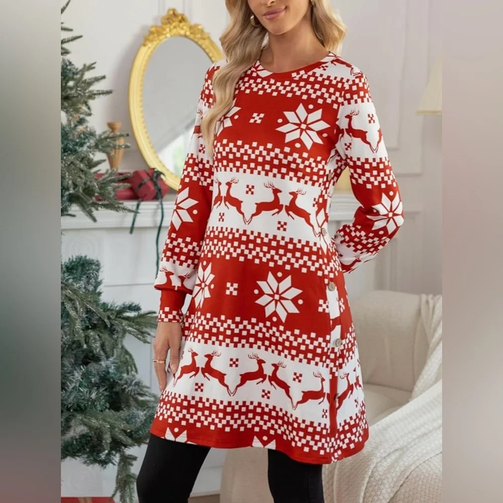 Women’s Red and White Reindeer Pattern Tunic/Dress, Size Medium, New! - Picture 2 of 4
